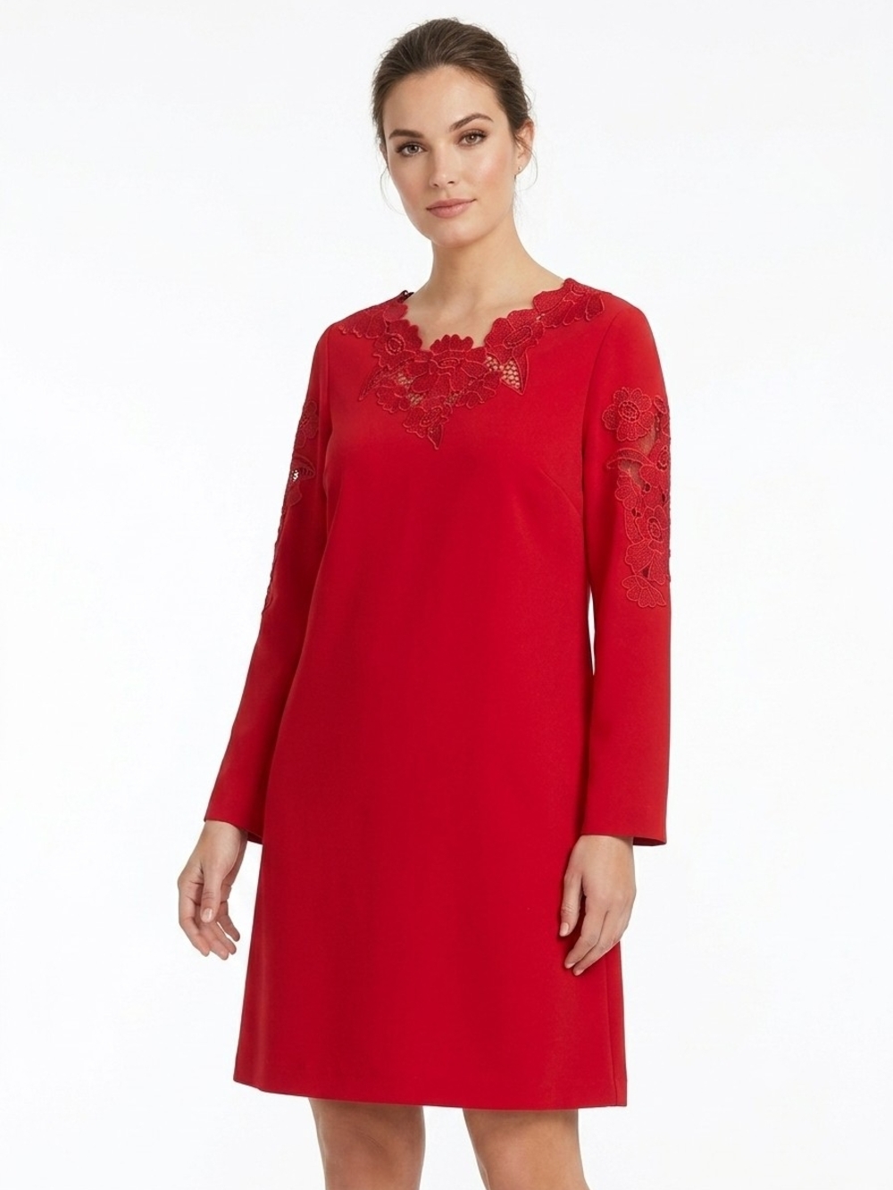 Alfani Red Long-Sleeve Shift Dress with Lace Accents Size 12